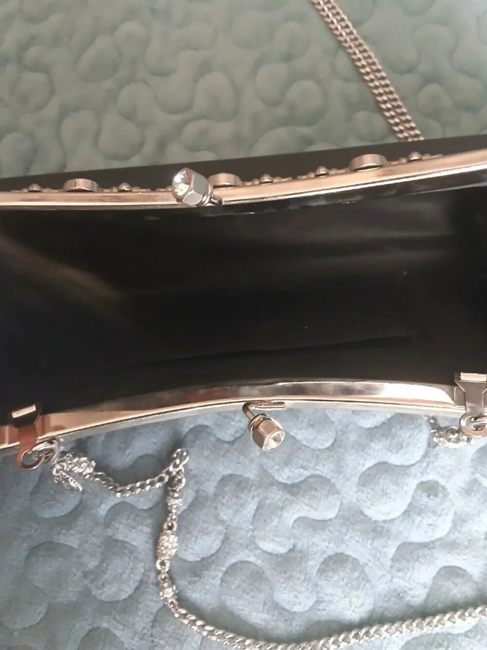 Black Silk Dupioni Crystal Frame Evening Clutch Bag Silver and Crystal strap